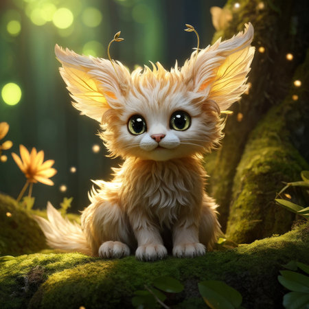 Enchanted Forest Cat A Gentle Fluffy Feline Dominates Mossy Landscape Amid Blurred Glowing Treesの素材
