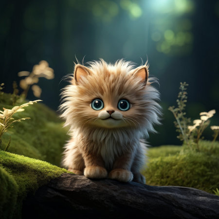 Fluffy BlueEyed Cat A Digital Art Piece Capturing Tranquility Amidst Natures Beautyの素材