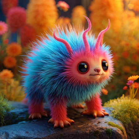 Enchanting Autumn Feline A Vibrant Furry Beast with Large Eyes and Pink Horns in Warm Hues Surrounding Blurry Flowersの素材