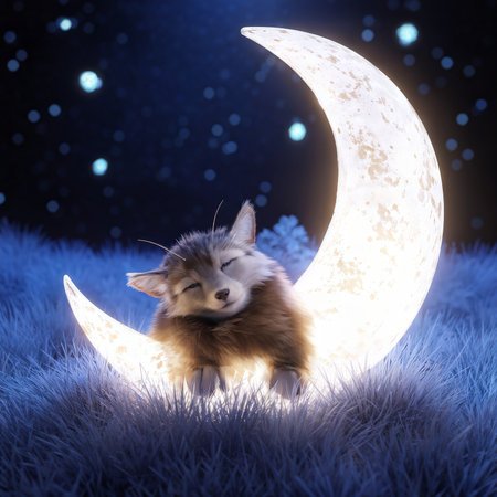 Soft Moonlit Serenity A Fluffy Moonwatcher on Grassy Meadowsの素材