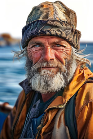 Portrait of an old man with gray beard on the background of the seaの素材