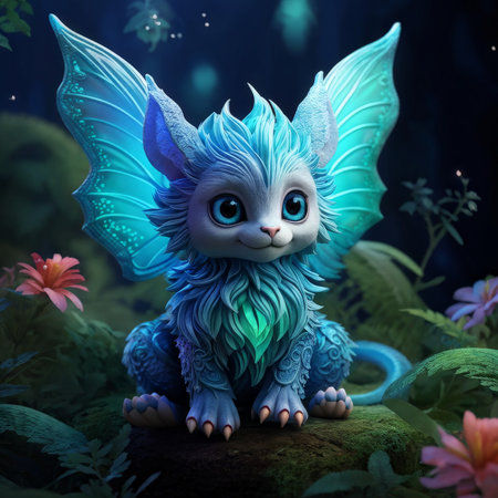 Enchanted Forest Mythical Beast A Blue Dragon Wielder in a Glowing Fairyland Settingの素材