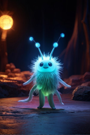 Alien Monoliths in Nightly Darkness A Glowing Tentacled Creature Illuminates Buried Rocks Amidst Blurry Shadowsの素材