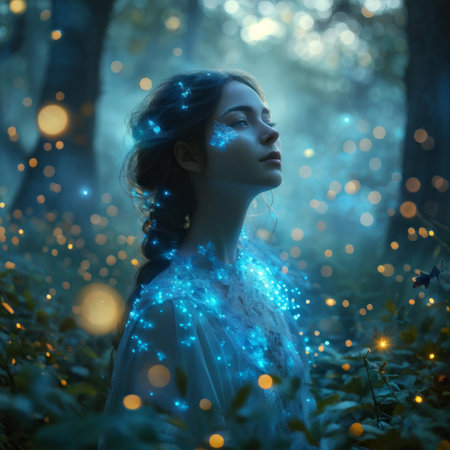 Enchanted Forest Dreamscape Captivating Lighting Effects Illuminate a Mystical Girls Vision of Fantasy Worldsの素材