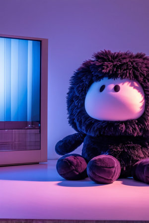 Vintage Nighttime Adventure A PinkFaced Furry Toy and Old TV in Purple Ambianceの素材