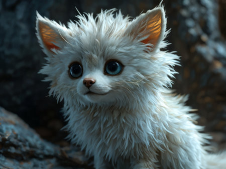 Whiskered Wonder A Blurry Outdoor Scene Captured in Precious Moments with a Wilted White Kittenの素材