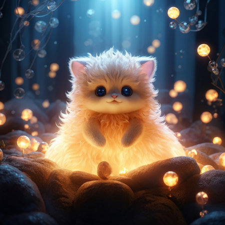 Whimsical Nighttime Fantasy A Cuddly Cats Glow in Dark Blue Nightscapesの素材