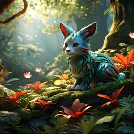 Vibrant Woodland Scene An Anthropomorphic Animal Amongst Richly Colored Plants in a Tranquil Natural Settingの素材