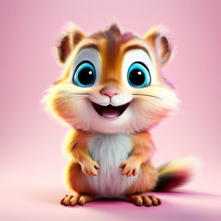Adorable Chipmunk Animation Fluffy Fur, Bright Eyes, and Colorful Tail Against Pink Backgroundの素材