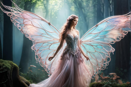 Enchanted Wonder A Woman in Fairy Wings Captivatingly Stands Out in an Unusual Costumeの素材