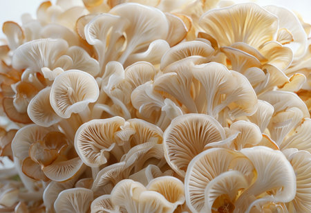 Clustered White Mushrooms with Yellow Tint A Vibrant and Variegated Edible Mushroom Collectionの素材