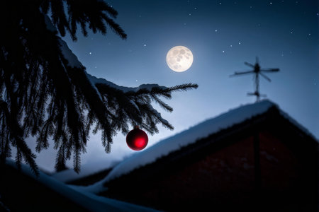 Journey Through the Night A Moonlit Snowscape Featuring Windmills and Festive Trees in an Otherworldly Winter Wonderlandの素材