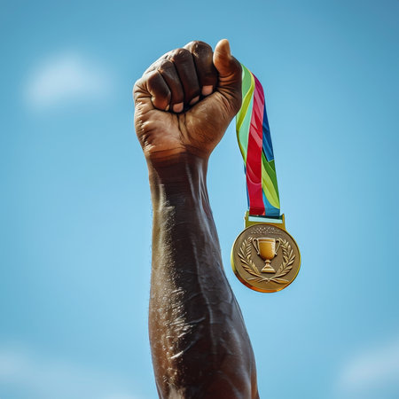 Olympic Triumph A Hand Holding Up the Gold Medal Celebrating Dedication, Success, and Aspirationの素材