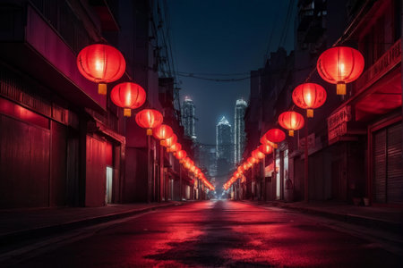 Silent Streets An Urban Nightscape Luminated by Red Lanterns Amidst Skyscrapersの素材