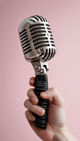Retro microphone in hand on a pink background, close-upの素材
