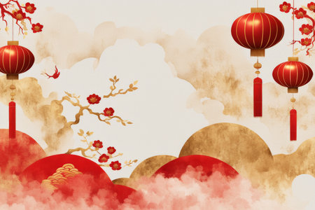 Red Lanterns and Cherry Blossoms Celebrating Cultural Events with Traditional Colors and Artistic Designの素材