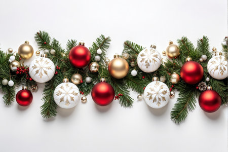 Charming Holiday Decor An Ornamented Evergreen Garland for a Glittering White Backgroundの素材