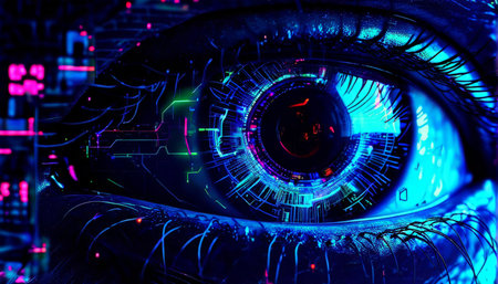 NeonEyed Cyborg Nexus A Futuristic Artistic Vision of Advanced Technology Embedded Within Human Biologyの素材