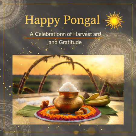 Joyful Harvest Celebration A Splendid Pongal Feast Adorned with Traditional Symbols of Gratitude in Vibrant Coloursの素材