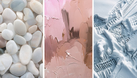 Textures in Motion A Collage of White Stones, Pink Canvas, and SnowEngraved Tiresの素材