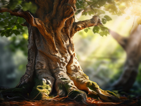 Natures Grandeur Capturing the Majestic Roots of an Ancient Tree Amidst a Verdant Forestの素材