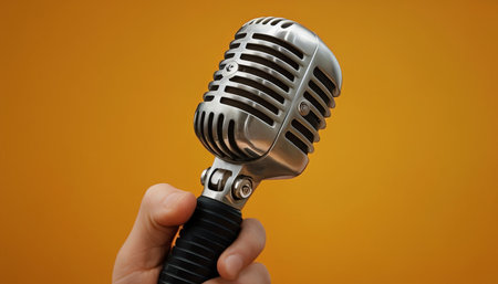 Vintage Microphone in Yellow Background Elegant Audio Equipment and Its Historical Significanceの素材