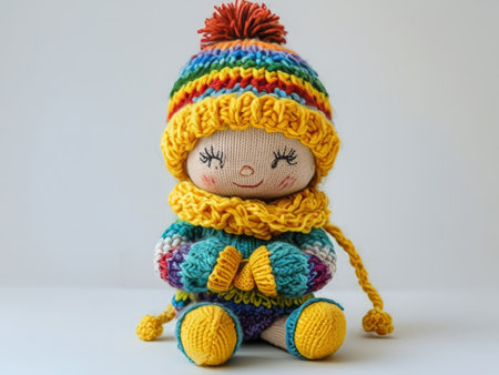 Childlike Innocence and Crochet Artistry A Delightful Display of Colorful Crocheted Dolls in Resting Posesの素材