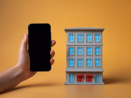 Hand With Cell Phone Overhead Apartment Building in Yellow Backgroundの素材