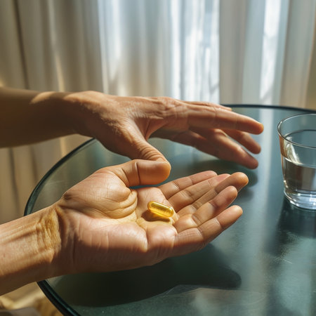 Omega3 Fish Oil Capsule Intake A Daily Health Care Ritual Amidst Natural Lightの素材