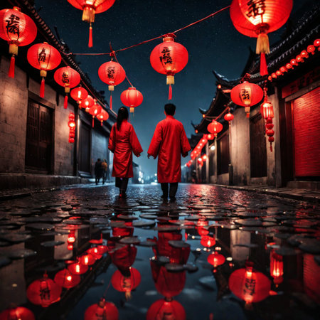 City Lights Two People Stroll Through Ancient Night Streets Enshrouded in Red Lantern Beautyの素材