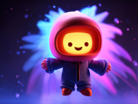 Joyful Child Figure in Pink Hoodie Against Vibrant Background Cartoon Illustrationの素材