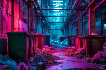 Dimly Lit Corridor A Messy Scene of Trash and Garbage Bins in Various Colored Lightingの素材