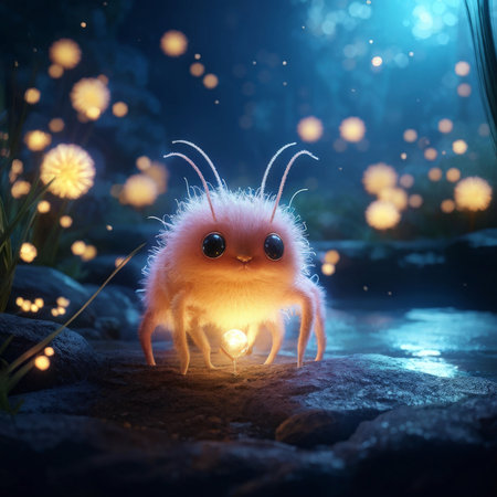 3d illustration of a little alien with a light bulb in his handの素材