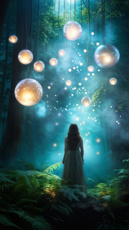 Enchanting Forest Mystery A Girls Reflection Amidst Glowing Orbs and Fern Enclavesの素材