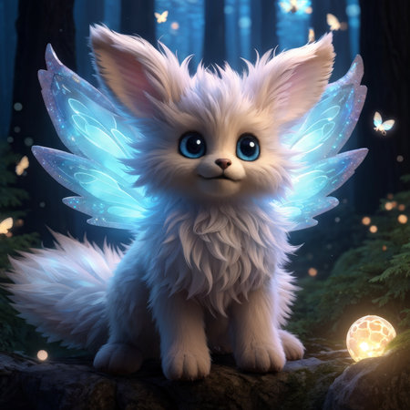 Enchanted Realm A White Creature with Glowing Blue Wings Dominates a Magical Landscape of FireflyLit Rocks and Crystal Ball Environmentsの素材