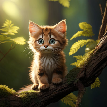 Enchanting Ethereal Beauty Captivating Image of Curious Kitten Gazing into Golden Tree Branches Amidst Lush Greeneryの素材