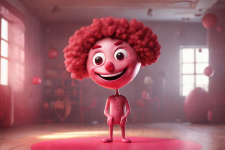 Cheerful Clown Stand Tall in Vibrant Red Room with Warm Windows and Exercise Balls Surrounding Bookshelfの素材