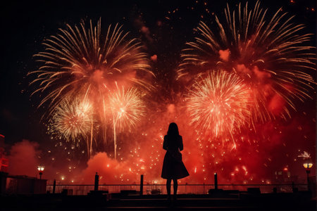 Silhouetted Woman in Evening Dress Watches Fireworks Against Night Sky, Red Hues Bursting Aboveの素材