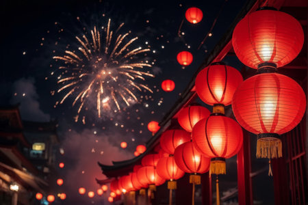 Stunning Nighttime Festival Scene Red Lantern Rows Overglowing Sky with Fireworksの素材
