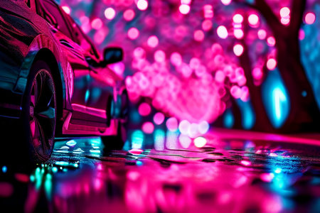 Cherry Blossom Glow A Low Angle Panorama Capturing Glamorous Slickness on Wet Road Pavementの素材