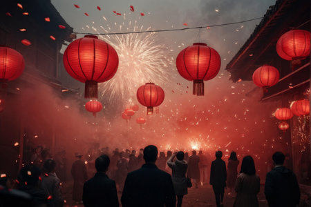 Jingyuan Night Festival Fireworks and Lanterns Illuminate the Evening Sceneの素材
