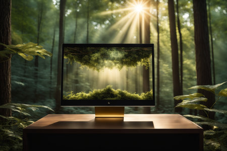Enchanting Forest Scene Displayed on Sleek Modern Monitor in Warm Earth Tones An Ambiance of Serenity in Your Workspaceの素材