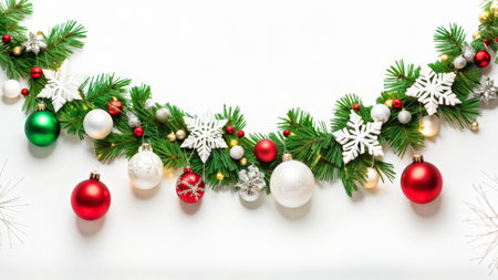 Seasonal Splendor A Festive Border of Greenery, Ornaments, and Snowflakes Decorates an Image for Holiday Celebrationsの素材