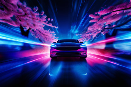 Cherry Blossom Glow A Futuristic Urban Scene with Glowing Cars and Techno Natureの素材