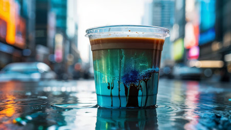 Rainy Day Reflections Capturing Blue Coffee in a Classic Urban Settingの素材