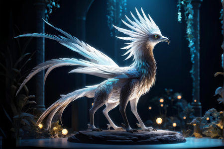 Enchanting Mythical Creature Digital Artwork A BirdLike FoliageEncrusted Rock Scene Illuminated by Floating Lanterns and Orb Lighting Elementsの素材