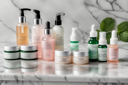 Minimalist Beauty A CleanCut Collection of Skincare Products Arranged on a Marble Surface for Unbiased Product Displayの素材