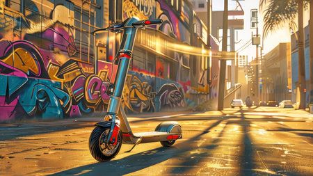 Electrifying Urban Street Scene A Futuristic Electric Scooter Dominates GraffitiInfused Cityscape under Dramatic Lightingの素材