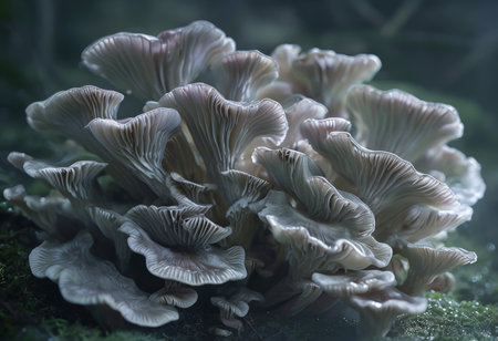 Mushrooms growing on moss in the forest, close up.の素材