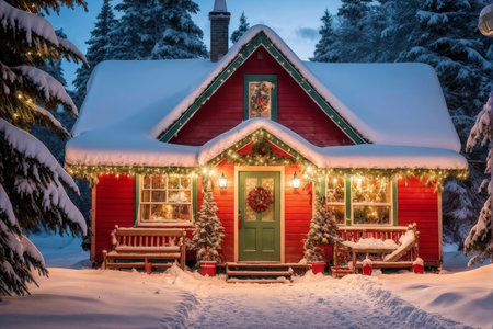 Snowy Winter Wonderland A Glittering Christmas Decorative Scene with Lights, Wreaths, and Treesの素材